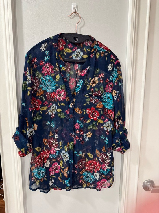 Kut from the Kloth Tops - Kut from the Kloth Navy Sheer Floral Button-Up Blouse - Multicolor Flowers